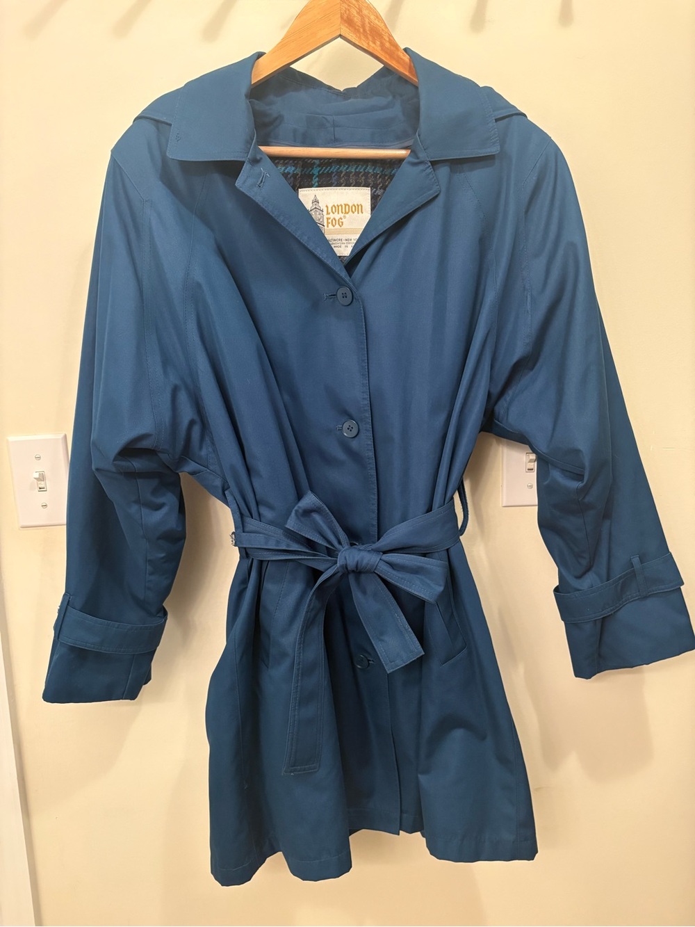 London Fog Teal Trench Coat with Argyle Wool Lining and Removable Hood Size 16